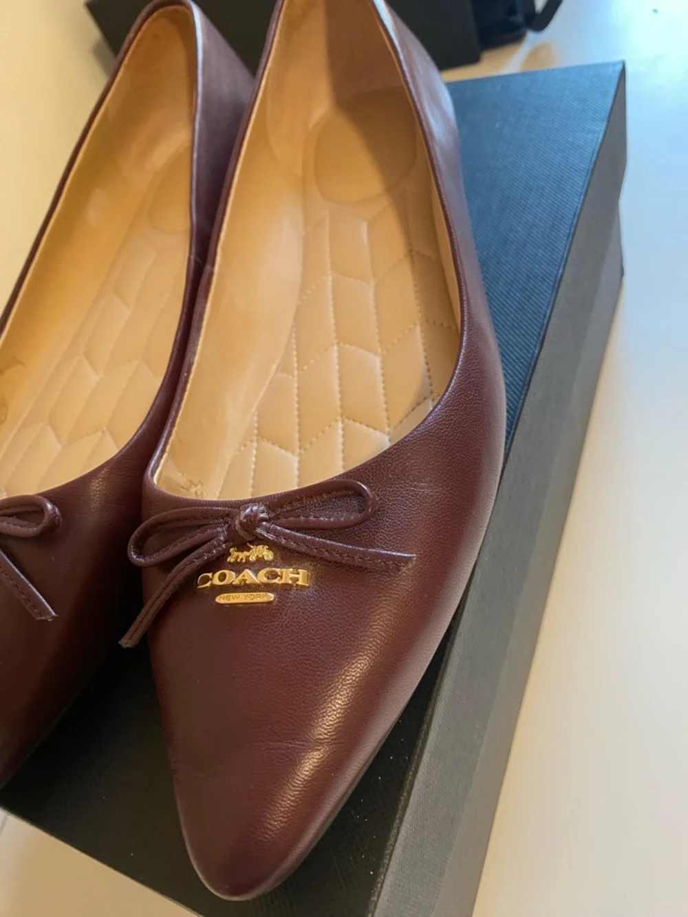 Coach Women's Burgundy Leather Pointed-toe Ballet Flats with Bow Accent - Picture 6 of 11